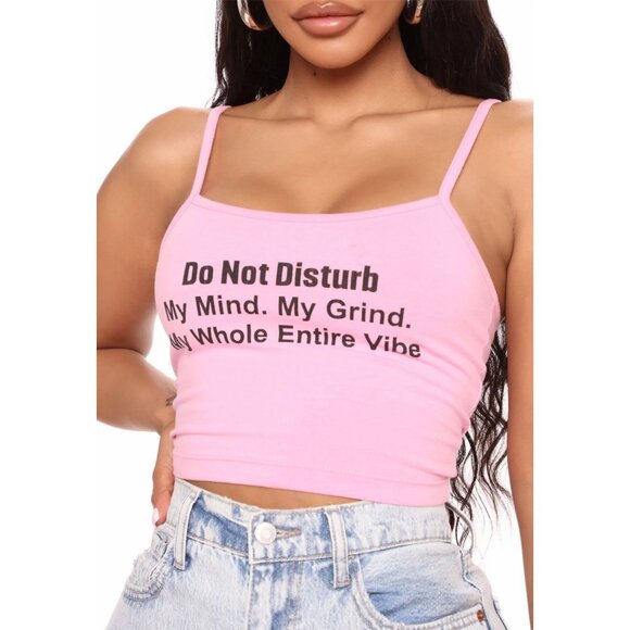 Fashion Nova ✦ Don’t Disturb My Vibe Tank ✦ Pink Cropped Graphic Spaghetti Strap - Picture 3 of 4